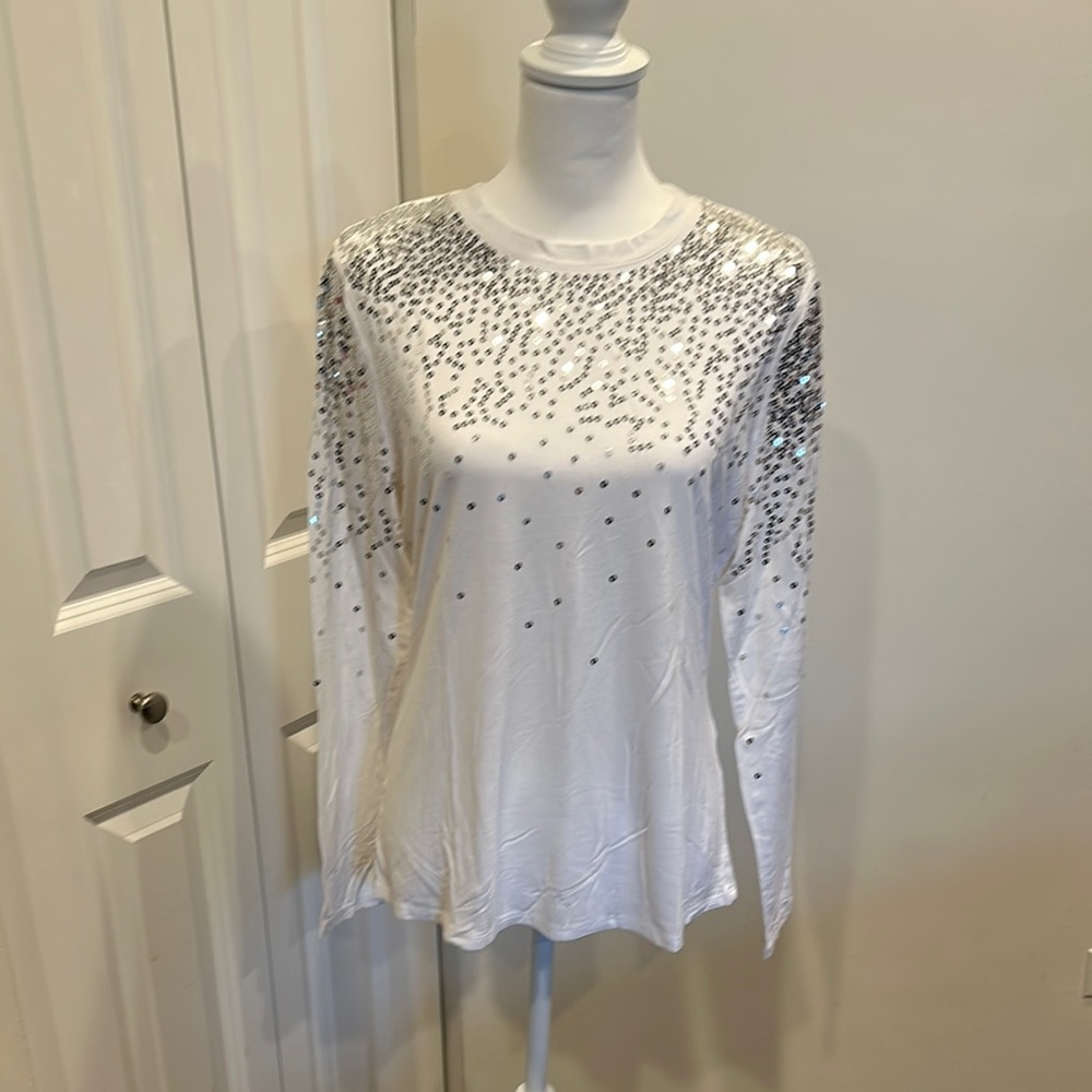 INC International Concepts Silver Sequin Long Sleeve Top